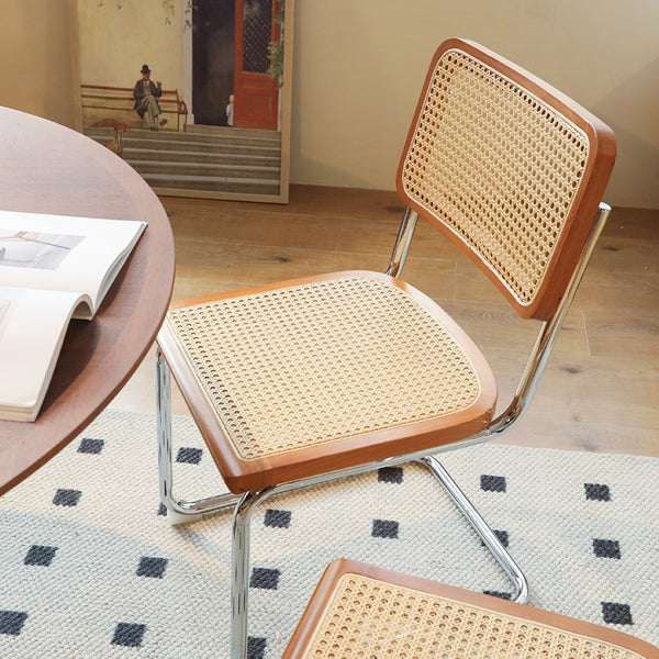 English Elm Dining Chairs Set of 2 Hand Woven Rattan Cantilever Chrome Steel Mid Century Modern Teak W2105P503049