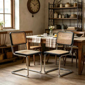 English Elm Dining Chairs Set of 2 Hand Woven Rattan Cantilever Chrome Steel Mid Century Modern Black W2105P503050