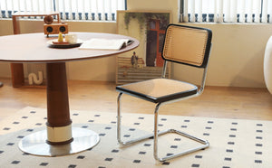 English Elm Dining Chairs Set of 2 Hand Woven Rattan Cantilever Chrome Steel Mid Century Modern Black W2105P503050