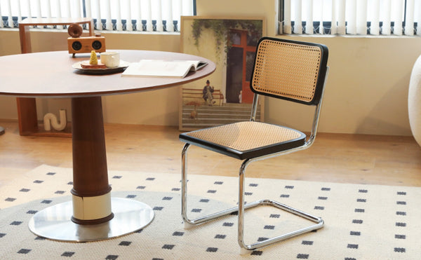 English Elm Dining Chairs Set of 2 Hand Woven Rattan Cantilever Chrome Steel Mid Century Modern Black W2105P503050