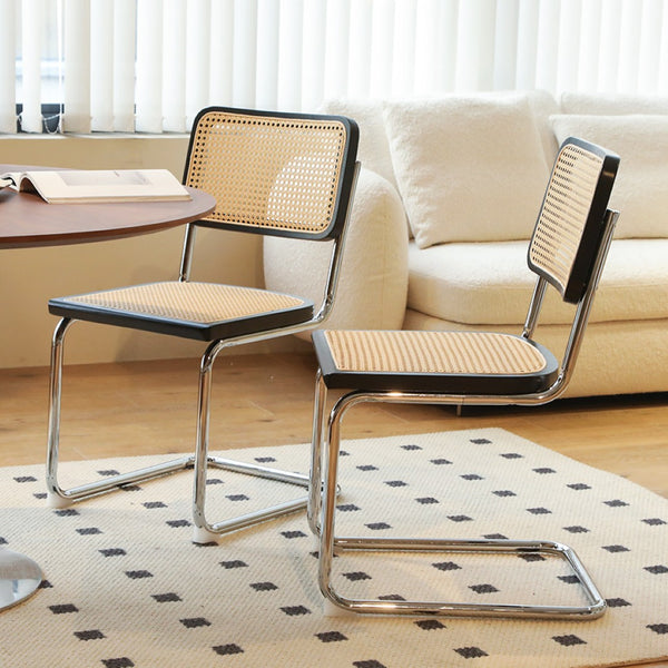 English Elm Dining Chairs Set of 2 Hand Woven Rattan Cantilever Chrome Steel Mid Century Modern Black W2105P503050