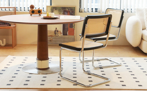 English Elm Dining Chairs Set of 2 Hand Woven Rattan Cantilever Chrome Steel Mid Century Modern Black W2105P503050