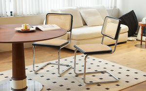 English Elm Dining Chairs Set of 2 Hand Woven Rattan Cantilever Chrome Steel Mid Century Modern Black W2105P503050
