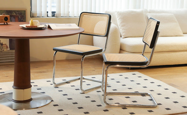 English Elm Dining Chairs Set of 2 Hand Woven Rattan Cantilever Chrome Steel Mid Century Modern Black W2105P503050