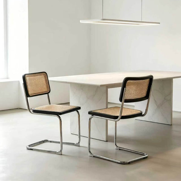 English Elm Dining Chairs Set of 2 Hand Woven Rattan Cantilever Chrome Steel Mid Century Modern Black W2105P503050