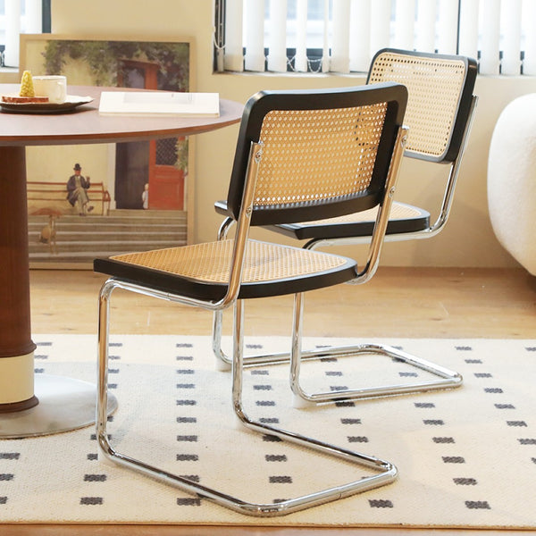 English Elm Dining Chairs Set of 2 Hand Woven Rattan Cantilever Chrome Steel Mid Century Modern Black W2105P503050