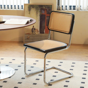 English Elm Dining Chairs Set of 2 Hand Woven Rattan Cantilever Chrome Steel Mid Century Modern Black W2105P503050