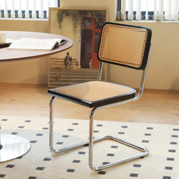 English Elm Dining Chairs Set of 2 Hand Woven Rattan Cantilever Chrome Steel Mid Century Modern Black W2105P503050