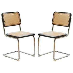 English Elm Dining Chairs Set of 2 Hand Woven Rattan Cantilever Chrome Steel Mid Century Modern Black W2105P503050