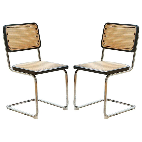 English Elm Dining Chairs Set of 2 Hand Woven Rattan Cantilever Chrome Steel Mid Century Modern Black W2105P503050