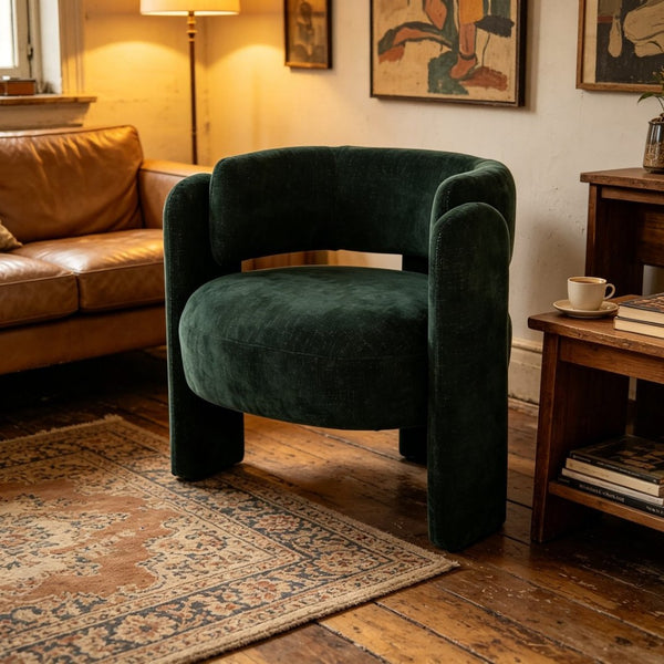 English Elm Modern Sculptural Barrel Accent Chair Hollow Cutout Back Textured Fabric Lounge Seat W2105P509586