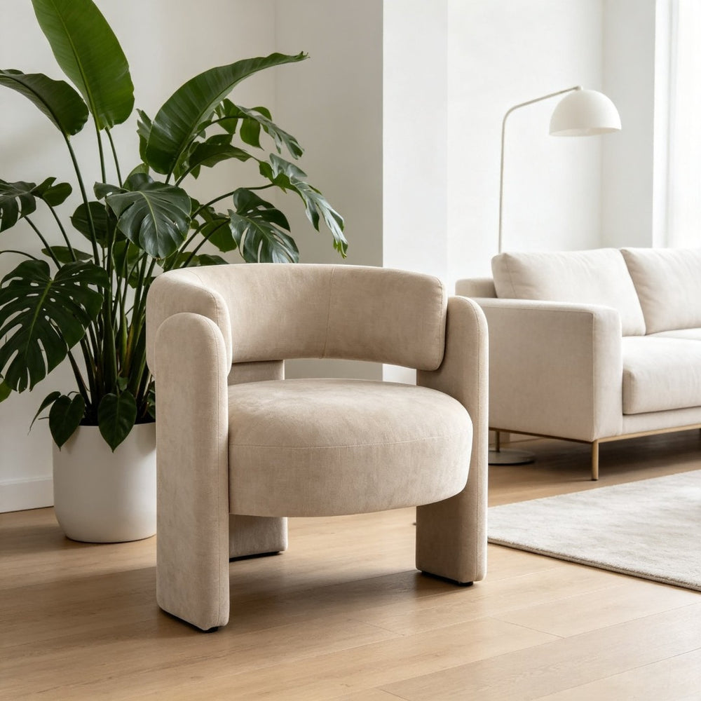 English Elm Modern Sculptural Barrel Chair Hollow Cutout Back Textured Fabric Lounge Seat W2105P509587
