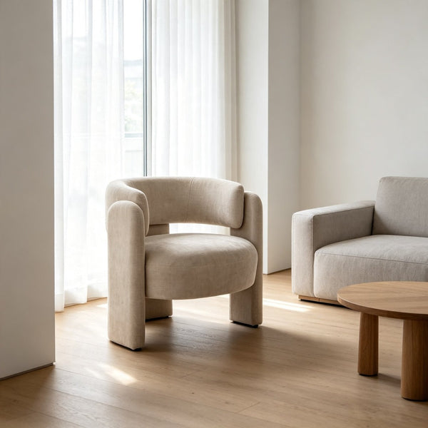 English Elm Modern Sculptural Barrel Chair Hollow Cutout Back Textured Fabric Lounge Seat W2105P509587