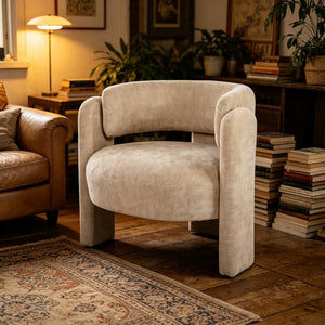 English Elm Modern Sculptural Barrel Chair Hollow Cutout Back Textured Fabric Lounge Seat W2105P509587