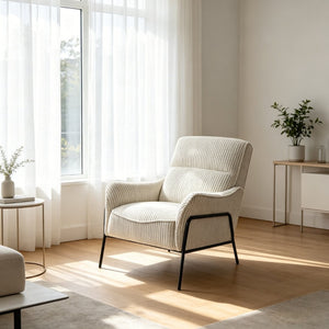 English Elm Modern Striped Upholstered Accent Chair with Lumbar Support and Matte Black Metal Legs W2105P509593