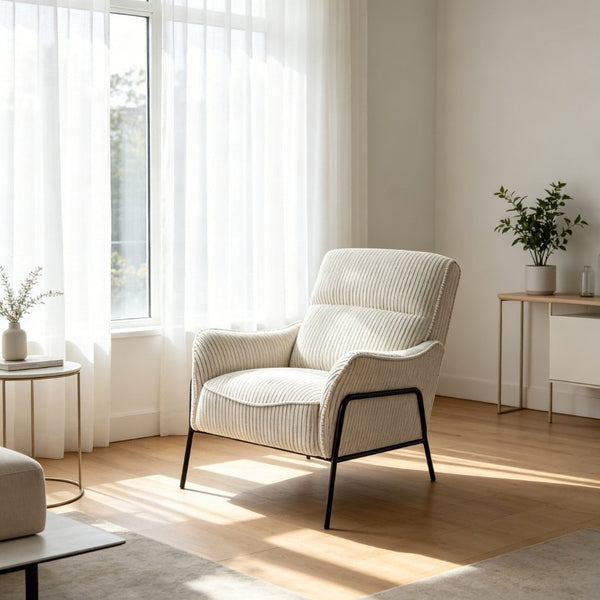 English Elm Modern Striped Upholstered Accent Chair with Lumbar Support and Matte Black Metal Legs W2105P509593