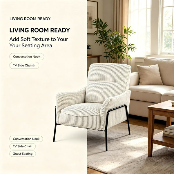 English Elm Modern Striped Upholstered Accent Chair with Lumbar Support and Matte Black Metal Legs W2105P509593