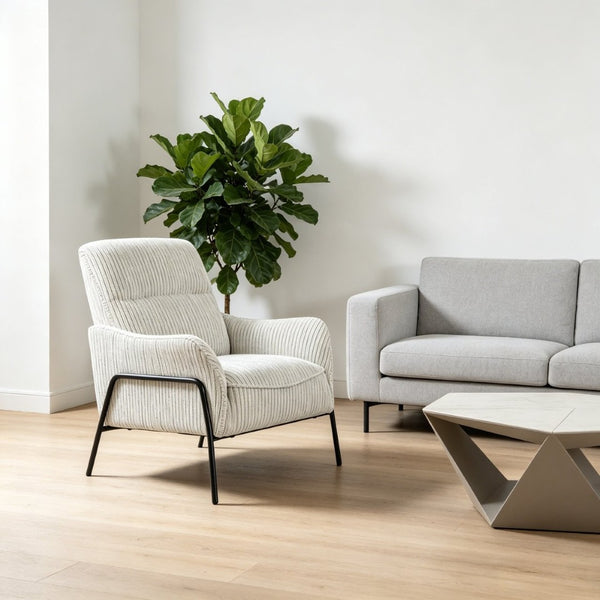 English Elm Modern Striped Upholstered Accent Chair with Lumbar Support and Matte Black Metal Legs W2105P509593