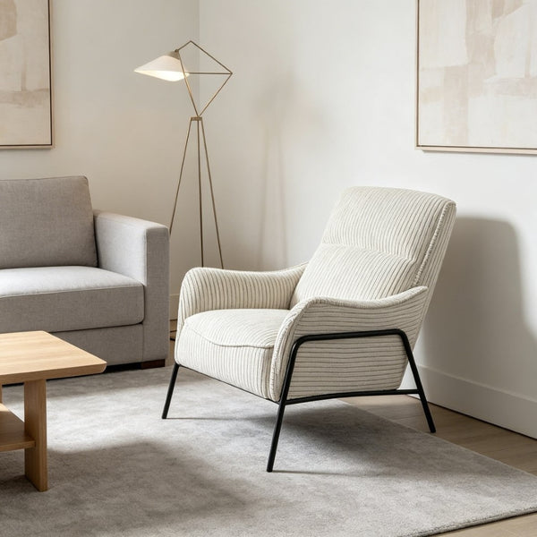English Elm Modern Striped Upholstered Accent Chair with Lumbar Support and Matte Black Metal Legs W2105P509593