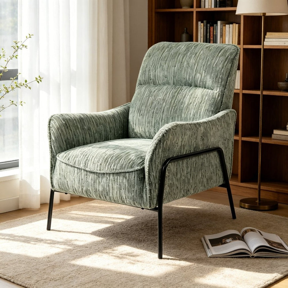 English Elm Modern Striped Upholstered Accent Chair with Lumbar Pillow and Matte Black Metal Frame W2105P509596