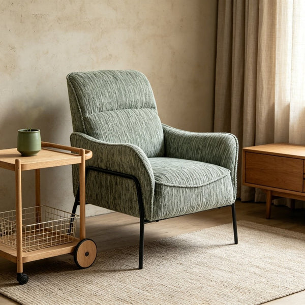 English Elm Modern Striped Upholstered Accent Chair with Lumbar Pillow and Matte Black Metal Frame W2105P509596