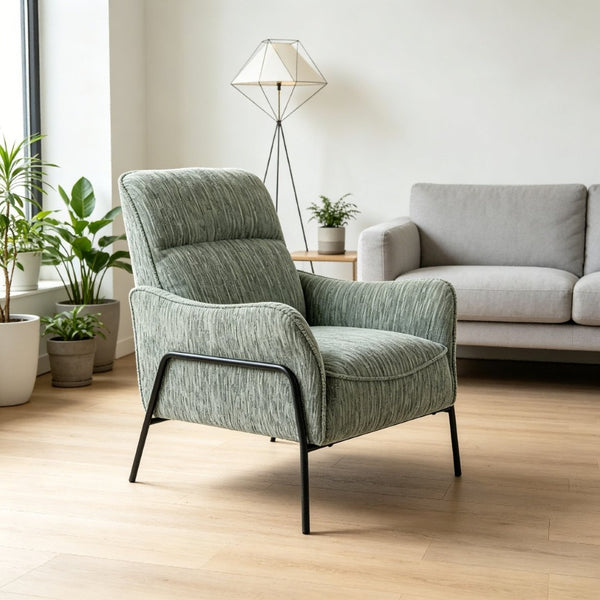English Elm Modern Striped Upholstered Accent Chair with Lumbar Pillow and Matte Black Metal Frame W2105P509596