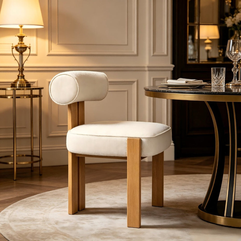 English Elm Modern Boucle Upholstered Side Chair Sculptural Curved Back Wood Grain Legs No Assembly W2105P513627