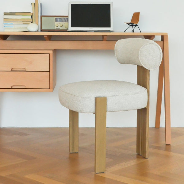 English Elm Modern Boucle Upholstered Side Chair Sculptural Curved Back Wood Grain Legs No Assembly W2105P513627