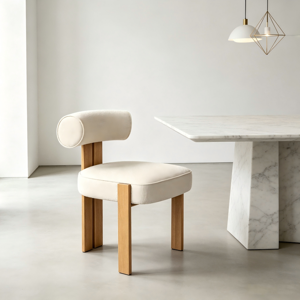 English Elm Modern Boucle Upholstered Side Chair Sculptural Curved Back Wood Grain Legs No Assembly W2105P513627