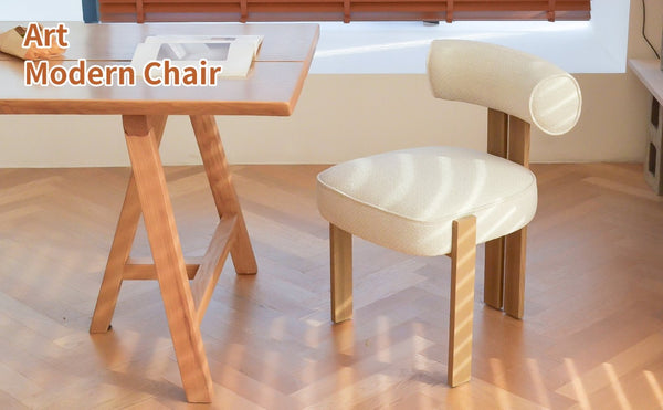 English Elm Modern Boucle Upholstered Side Chair Sculptural Curved Back Wood Grain Legs No Assembly W2105P513627