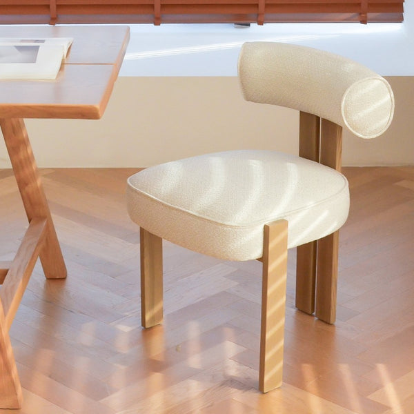 English Elm Modern Boucle Upholstered Side Chair Sculptural Curved Back Wood Grain Legs No Assembly W2105P513627
