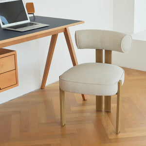 English Elm Modern Boucle Upholstered Side Chair Sculptural Curved Back Wood Grain Legs No Assembly W2105P513627