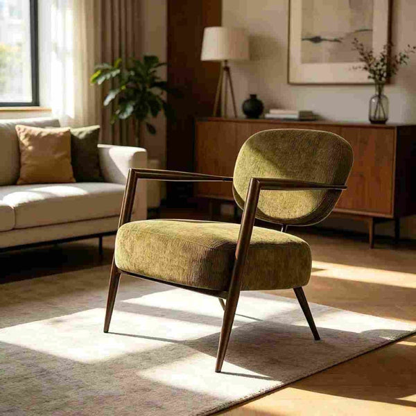 English Elm Modern Mid-century Accent Chair Sculptural Bronze Frame Striped Cream Fabric Lounge Seat Green W2105P517466