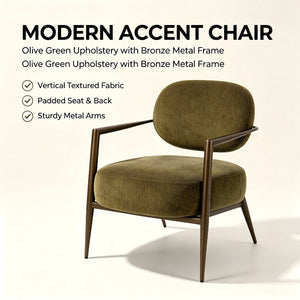 English Elm Modern Mid-century Accent Chair Sculptural Bronze Frame Striped Cream Fabric Lounge Seat Green W2105P517466
