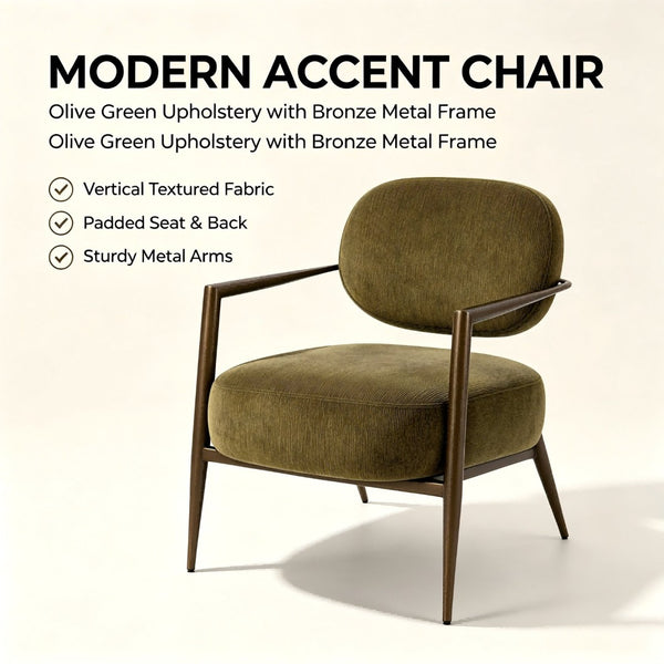 English Elm Modern Mid-century Accent Chair Sculptural Bronze Frame Striped Cream Fabric Lounge Seat Green W2105P517466