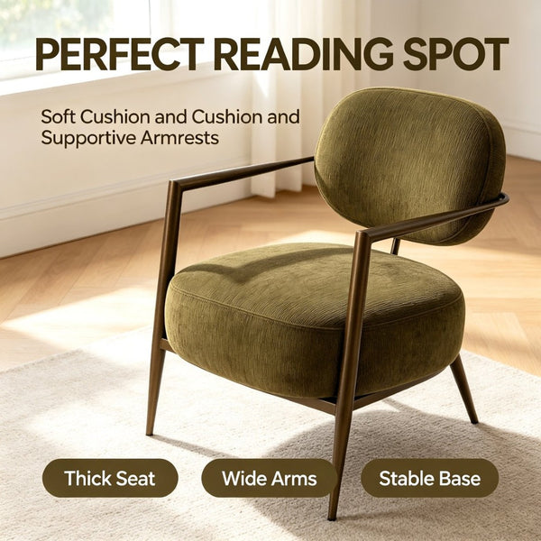 English Elm Modern Mid-century Accent Chair Sculptural Bronze Frame Striped Cream Fabric Lounge Seat Green W2105P517466