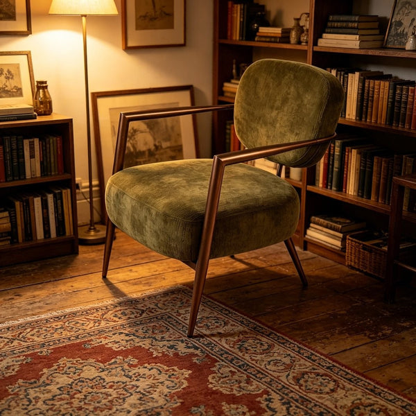 English Elm Modern Mid-century Accent Chair Sculptural Bronze Frame Striped Cream Fabric Lounge Seat Green W2105P517466