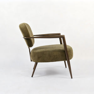 English Elm Modern Mid-century Accent Chair Sculptural Bronze Frame Striped Cream Fabric Lounge Seat Green W2105P517466
