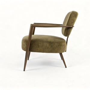 English Elm Modern Mid-century Accent Chair Sculptural Bronze Frame Striped Cream Fabric Lounge Seat Green W2105P517466