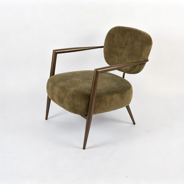 English Elm Modern Mid-century Accent Chair Sculptural Bronze Frame Striped Cream Fabric Lounge Seat Green W2105P517466
