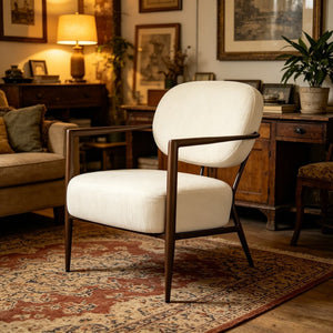 English Elm Modern Mid-century Accent Chair Sculptural Bronze Frame Striped Cream Fabric Lounge Seat White W2105P517476
