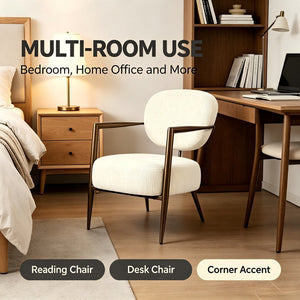 English Elm Modern Mid-century Accent Chair Sculptural Bronze Frame Striped Cream Fabric Lounge Seat White W2105P517476