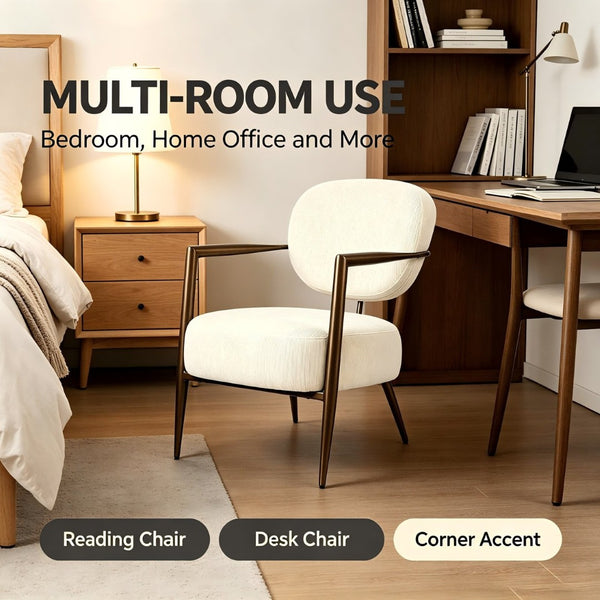 English Elm Modern Mid-century Accent Chair Sculptural Bronze Frame Striped Cream Fabric Lounge Seat White W2105P517476