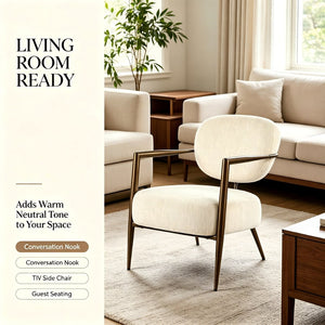 English Elm Modern Mid-century Accent Chair Sculptural Bronze Frame Striped Cream Fabric Lounge Seat White W2105P517476
