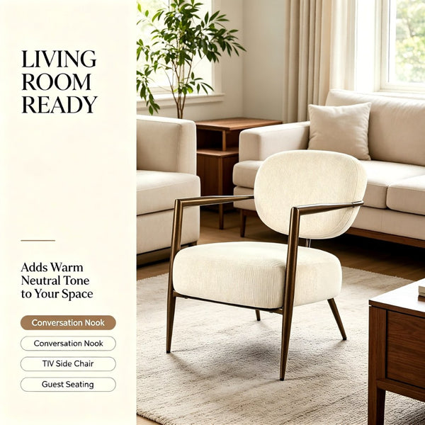 English Elm Modern Mid-century Accent Chair Sculptural Bronze Frame Striped Cream Fabric Lounge Seat White W2105P517476