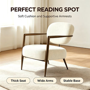 English Elm Modern Mid-century Accent Chair Sculptural Bronze Frame Striped Cream Fabric Lounge Seat White W2105P517476