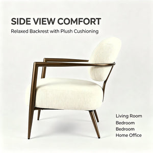 English Elm Modern Mid-century Accent Chair Sculptural Bronze Frame Striped Cream Fabric Lounge Seat White W2105P517476