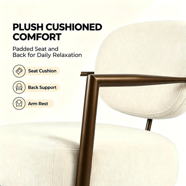 English Elm Modern Mid-century Accent Chair Sculptural Bronze Frame Striped Cream Fabric Lounge Seat White W2105P517476
