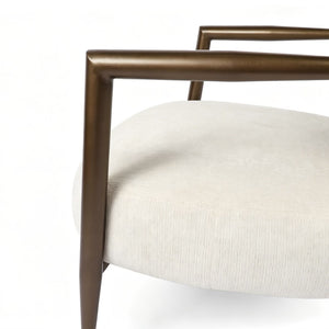 English Elm Modern Mid-century Accent Chair Sculptural Bronze Frame Striped Cream Fabric Lounge Seat White W2105P517476