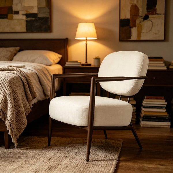 English Elm Modern Mid-century Accent Chair Sculptural Bronze Frame Striped Cream Fabric Lounge Seat White W2105P517476